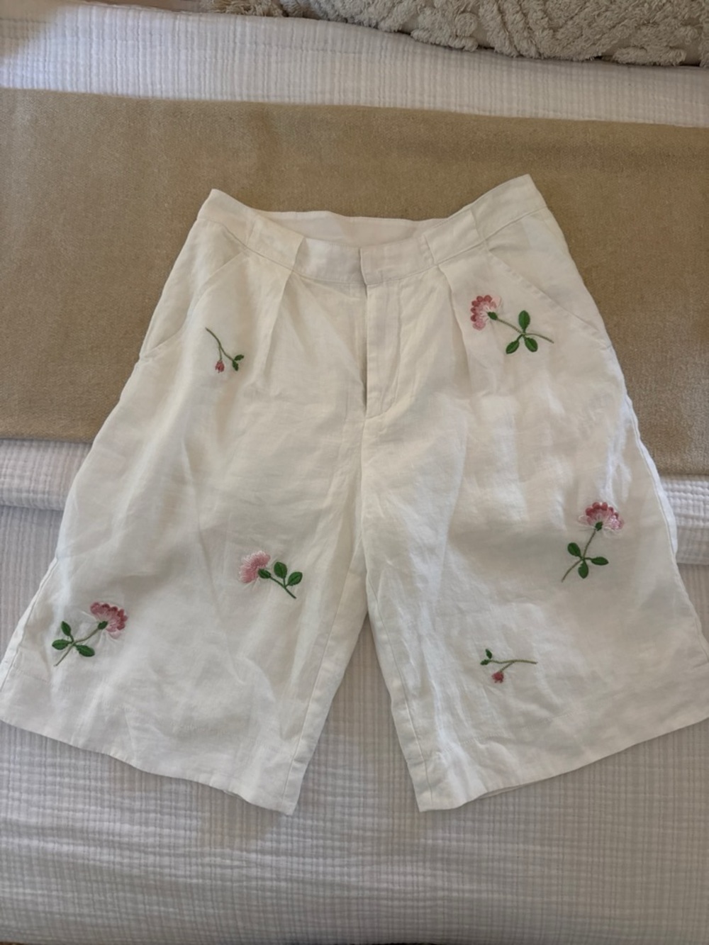 Anthropologie White Linen Bermuda Shorts with Pink Floral Embroidery